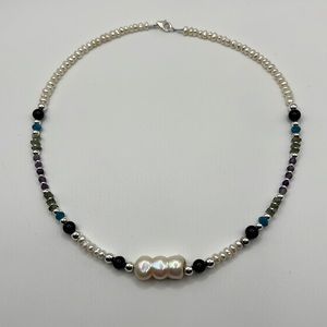 ARTISAN PEARL, STERLING, AMETHYST, PERIDOT, ONYX, AND APATITE NECKLACE 18.5”